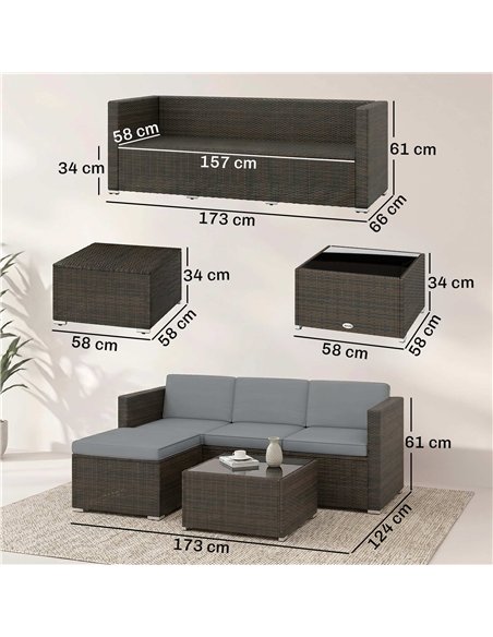 Outsunny 3 Pieces Garden Furniture Set w/ Cushions, PE Rattan Wicker Conversation Corner Sofa Set, Light Grey - pic 198990 | FastDaddyshop