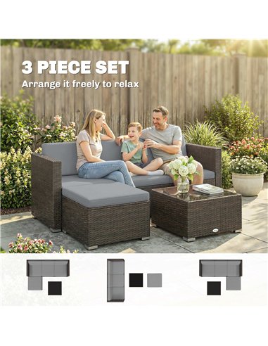 Outsunny 3 Pieces Garden Furniture Set w/ Cushions, PE Rattan Wicker Conversation Corner Sofa Set, Light Grey