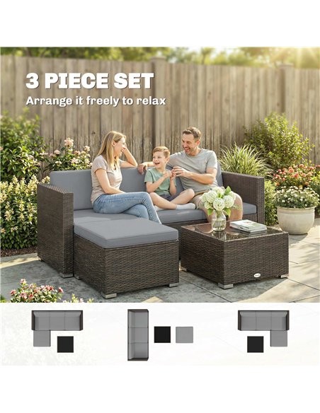 Outsunny 3 Pieces Garden Furniture Set w/ Cushions, PE Rattan Wicker Conversation Corner Sofa Set, Light Grey - pic 198991 | FastDaddyshop