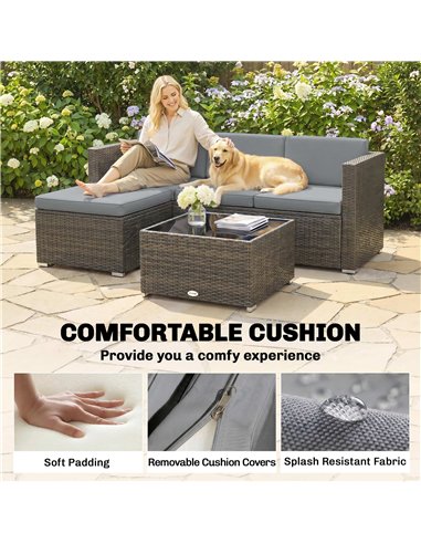 Outsunny 3 Pieces Garden Furniture Set w/ Cushions, PE Rattan Wicker Conversation Corner Sofa Set, Light Grey