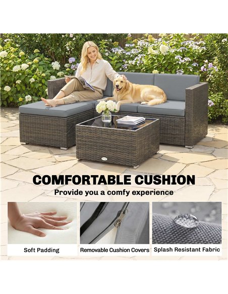 Outsunny 3 Pieces Garden Furniture Set w/ Cushions, PE Rattan Wicker Conversation Corner Sofa Set, Light Grey - pic 198993 | FastDaddyshop