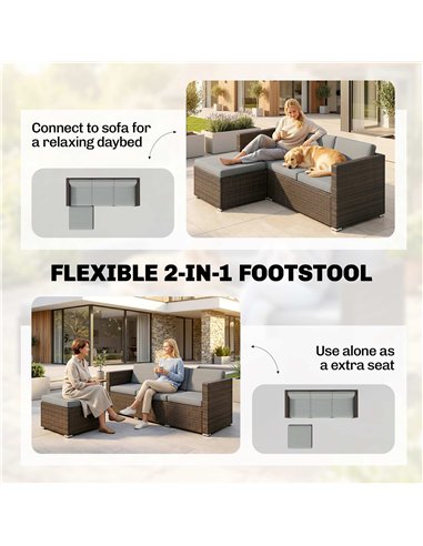 Outsunny 3 Pieces Garden Furniture Set w/ Cushions, PE Rattan Wicker Conversation Corner Sofa Set, Light Grey
