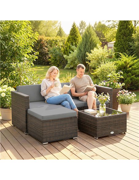 Outsunny 3 Pieces Garden Furniture Set w/ Cushions, PE Rattan Wicker Conversation Corner Sofa Set, Light Grey - pic 198995 | FastDaddyshop