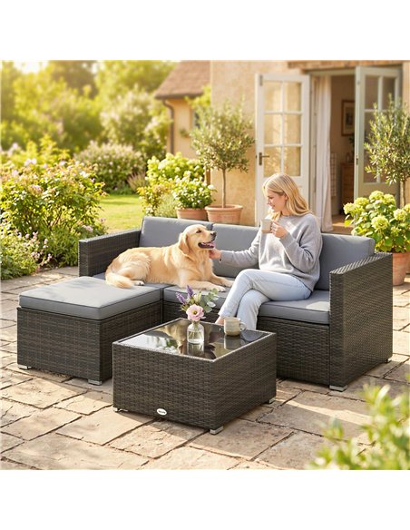 Outsunny 3 Pieces Garden Furniture Set w/ Cushions, PE Rattan Wicker Conversation Corner Sofa Set, Light Grey - pic 198996 | FastDaddyshop