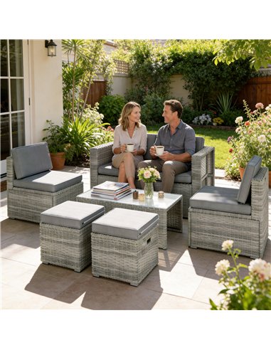 Outsunny 6 Piece Rattan Garden Furniture Set Loveseat, Chairs, Table, Footstools, Dark Grey