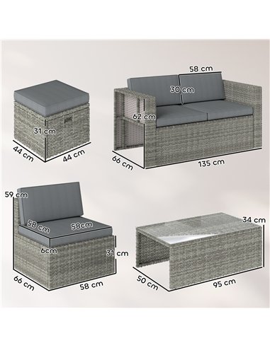 Outsunny 6 Piece Rattan Garden Furniture Set Loveseat, Chairs, Table, Footstools, Dark Grey