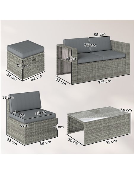 Outsunny 6 Piece Rattan Garden Furniture Set Loveseat, Chairs, Table, Footstools, Dark Grey - pic 198999 | FastDaddyshop