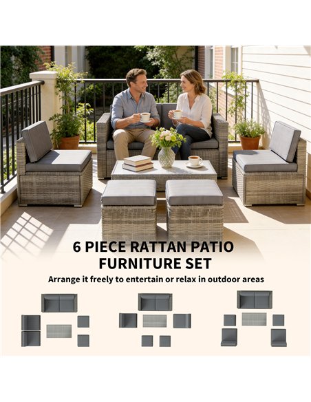 Outsunny 6 Piece Rattan Garden Furniture Set Loveseat, Chairs, Table, Footstools, Dark Grey - pic 199000 | FastDaddyshop