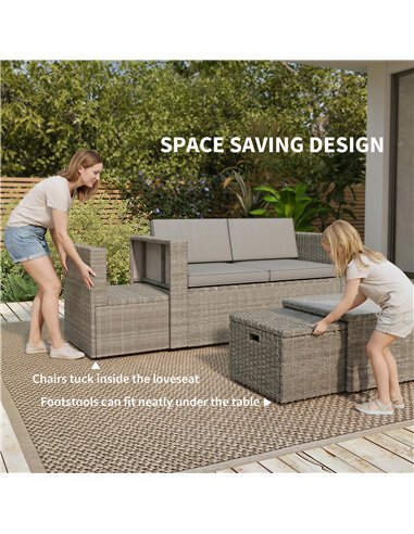 Outsunny 6 Piece Rattan Garden Furniture Set Loveseat, Chairs, Table, Footstools, Dark Grey