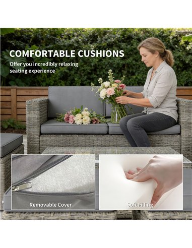 Outsunny 6 Piece Rattan Garden Furniture Set Loveseat, Chairs, Table, Footstools, Dark Grey