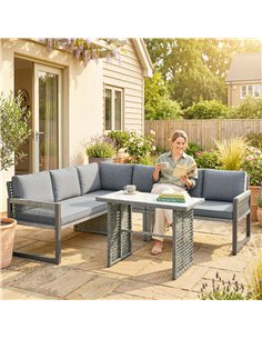 Outsunny 6 Seater Rattan Garden Furniture Set with 3 Loveseats, Table, Patio Rattan Corner Sofa Set, Grey 2