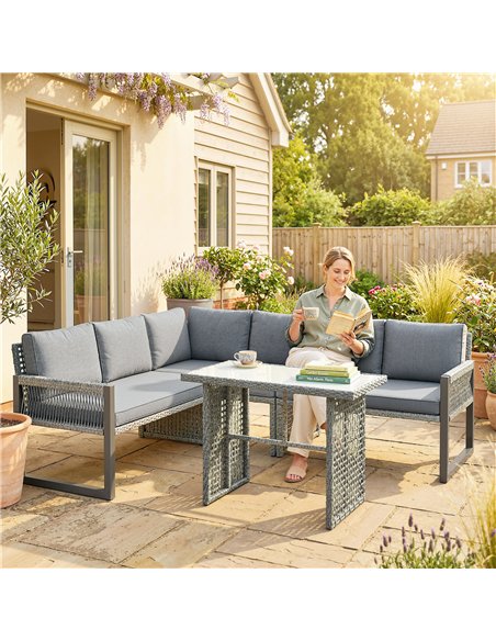 Outsunny 6 Seater Rattan Garden Furniture Set with 3 Loveseats, Table, Patio Rattan Corner Sofa Set, Grey - pic 199007 | FastDaddyshop