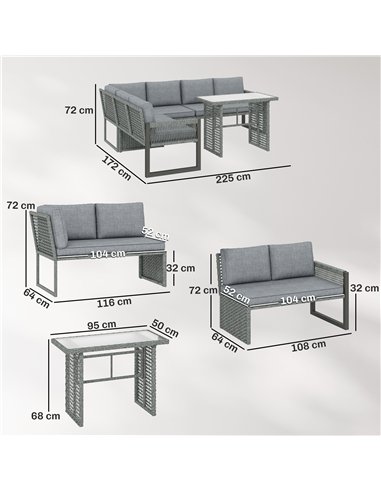 Outsunny 6 Seater Rattan Garden Furniture Set with 3 Loveseats, Table, Patio Rattan Corner Sofa Set, Grey