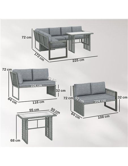 Outsunny 6 Seater Rattan Garden Furniture Set with 3 Loveseats, Table, Patio Rattan Corner Sofa Set, Grey - pic 199008 | FastDaddyshop