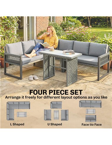 Outsunny 6 Seater Rattan Garden Furniture Set with 3 Loveseats, Table, Patio Rattan Corner Sofa Set, Grey