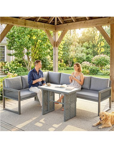 Outsunny 6 Seater Rattan Garden Furniture Set with 3 Loveseats, Table, Patio Rattan Corner Sofa Set, Grey