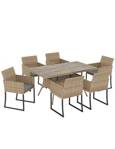 Outsunny 7 Piece Rattan Garden Furniture Set, Garden Dining Set with Wood-Plastic Table and 6 Stackable Chairs, Dark Grey