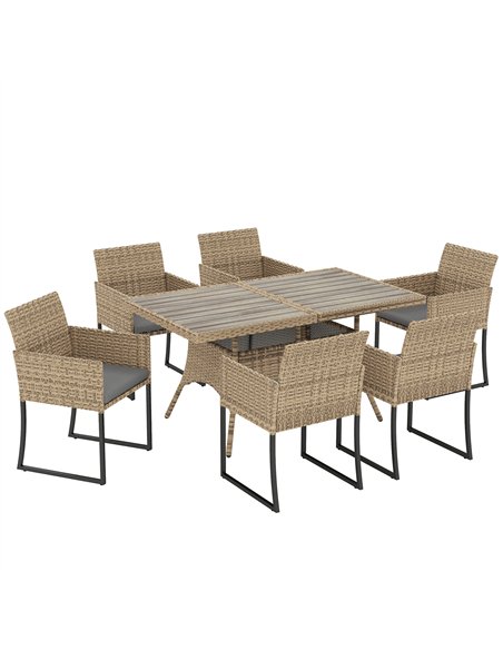 Outsunny 7 Piece Rattan Garden Furniture Set, Garden Dining Set with Wood-Plastic Table and 6 Stackable Chairs, Dark Grey - pic 199015 | FastDaddyshop