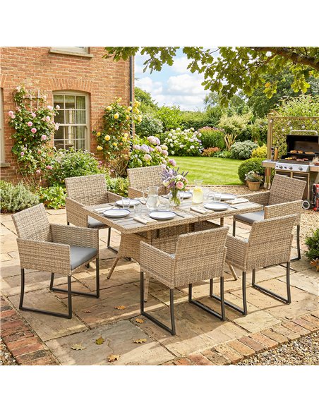 Outsunny 7 Piece Rattan Garden Furniture Set, Garden Dining Set with Wood-Plastic Table and 6 Stackable Chairs, Dark Grey - pic 199016 | FastDaddyshop