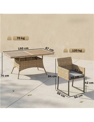 Outsunny 7 Piece Rattan Garden Furniture Set, Garden Dining Set with Wood-Plastic Table and 6 Stackable Chairs, Dark Grey
