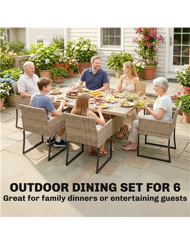 Outsunny 7 Piece Rattan Garden Furniture Set, Garden Dining Set with Wood-Plastic Table and 6 Stackable Chairs, Dark Grey