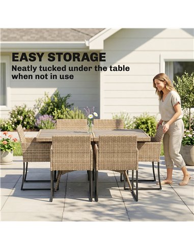 Outsunny 7 Piece Rattan Garden Furniture Set, Garden Dining Set with Wood-Plastic Table and 6 Stackable Chairs, Dark Grey
