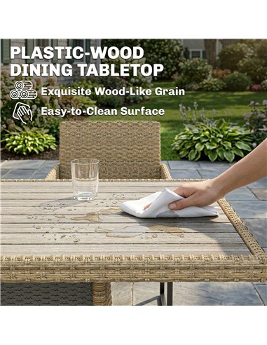 Outsunny 7 Piece Rattan Garden Furniture Set, Garden Dining Set with Wood-Plastic Table and 6 Stackable Chairs, Dark Grey