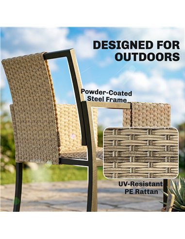 Outsunny 7 Piece Rattan Garden Furniture Set, Garden Dining Set with Wood-Plastic Table and 6 Stackable Chairs, Dark Grey