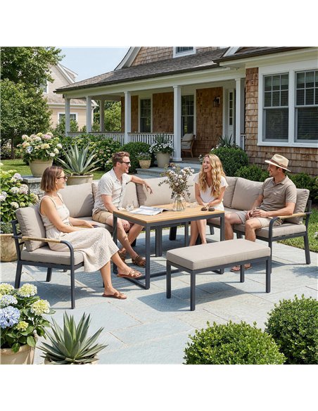Outsunny 7 Seater Garden Furniture Set, Metal Garden Sofa Set with Cushions, Outdoor Furniture Conversation Sets, Khaki - pic 199034 | FastDaddyshop