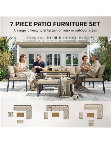 Outsunny 7 Seater Garden Furniture Set, Metal Garden Sofa Set with Cushions, Outdoor Furniture Conversation Sets, Khaki