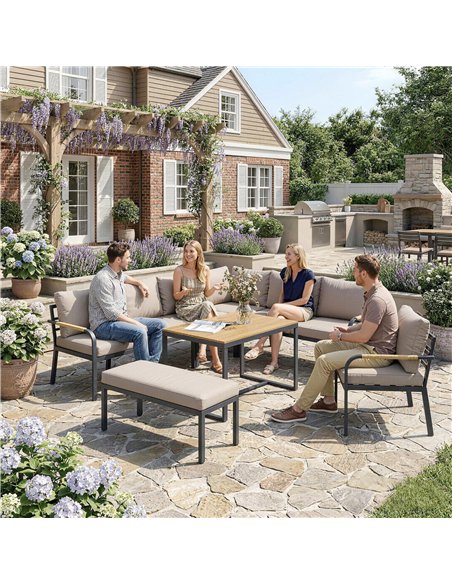 Outsunny 7 Seater Garden Furniture Set, Metal Garden Sofa Set with Cushions, Outdoor Furniture Conversation Sets, Khaki - pic 199041 | FastDaddyshop