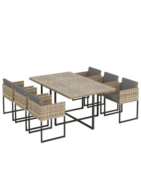 Outsunny 7 Piece Rattan Garden Furniture Set, Garden Dining Set with Wood-Plastic Table and 6 Stackable Chairs, Light Brown - pic 199042 | FastDaddyshop
