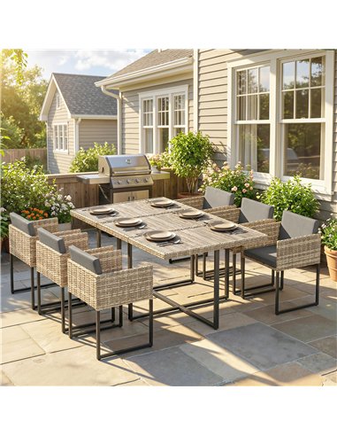 Outsunny 7 Piece Rattan Garden Furniture Set, Garden Dining Set with Wood-Plastic Table and 6 Stackable Chairs, Light Brown