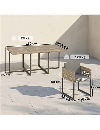 Outsunny 7 Piece Rattan Garden Furniture Set, Garden Dining Set with Wood-Plastic Table and 6 Stackable Chairs, Light Brown
