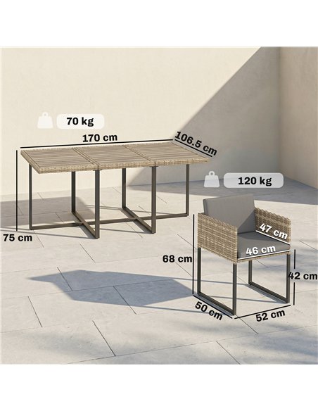 Outsunny 7 Piece Rattan Garden Furniture Set, Garden Dining Set with Wood-Plastic Table and 6 Stackable Chairs, Light Brown - pic 199044 | FastDaddyshop