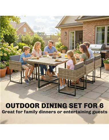 Outsunny 7 Piece Rattan Garden Furniture Set, Garden Dining Set with Wood-Plastic Table and 6 Stackable Chairs, Light Brown