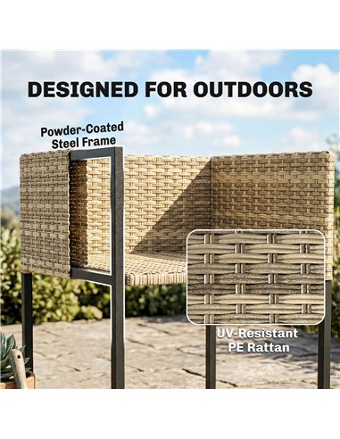 Outsunny 7 Piece Rattan Garden Furniture Set, Garden Dining Set with Wood-Plastic Table and 6 Stackable Chairs, Light Brown