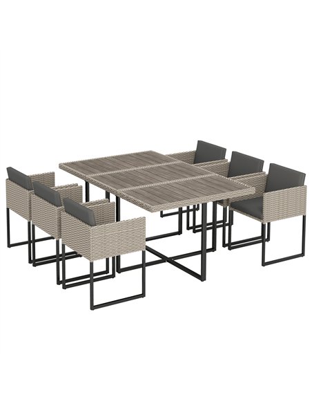 Outsunny 7 Piece Rattan Garden Furniture Set, Garden Dining Set with Wood-Plastic Table and 6 Stackable Chairs, Light Grey - pic 199051 | FastDaddyshop