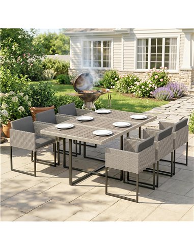 Outsunny 7 Piece Rattan Garden Furniture Set, Garden Dining Set with Wood-Plastic Table and 6 Stackable Chairs, Light Grey