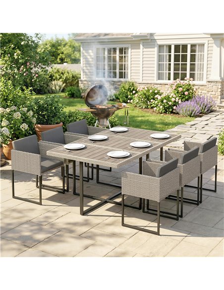 Outsunny 7 Piece Rattan Garden Furniture Set, Garden Dining Set with Wood-Plastic Table and 6 Stackable Chairs, Light Grey - pic 199052 | FastDaddyshop