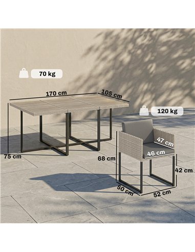 Outsunny 7 Piece Rattan Garden Furniture Set, Garden Dining Set with Wood-Plastic Table and 6 Stackable Chairs, Light Grey