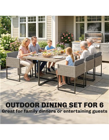Outsunny 7 Piece Rattan Garden Furniture Set, Garden Dining Set with Wood-Plastic Table and 6 Stackable Chairs, Light Grey