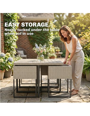 Outsunny 7 Piece Rattan Garden Furniture Set, Garden Dining Set with Wood-Plastic Table and 6 Stackable Chairs, Light Grey
