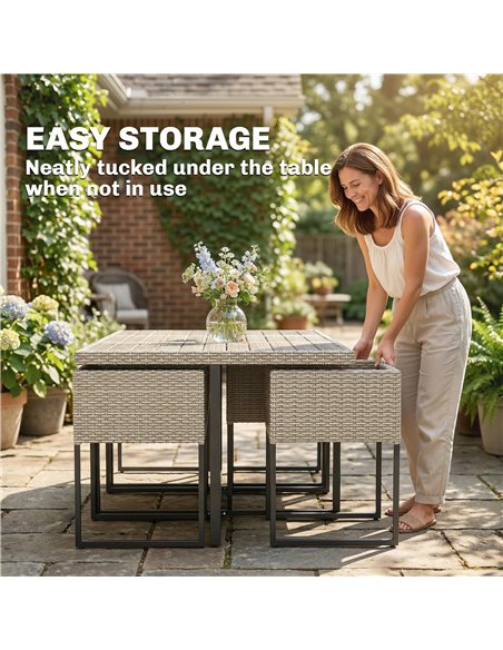 Outsunny 7 Piece Rattan Garden Furniture Set, Garden Dining Set with Wood-Plastic Table and 6 Stackable Chairs, Light Grey - pic 199055 | FastDaddyshop