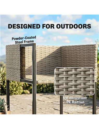 Outsunny 7 Piece Rattan Garden Furniture Set, Garden Dining Set with Wood-Plastic Table and 6 Stackable Chairs, Light Grey
