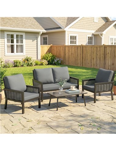 Outsunny 4 Seater Rattan Garden Furniture Set with 2 Armchairs, Loveseat, Coffee Table, Garden Sofa Set with Cushions, Dark Grey