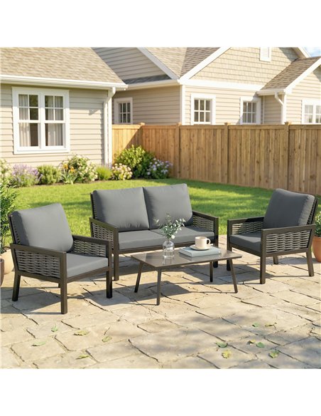 Outsunny 4 Seater Rattan Garden Furniture Set with 2 Armchairs, Loveseat, Coffee Table, Garden Sofa Set with Cushions, Dark Grey - pic 199061 | FastDaddyshop