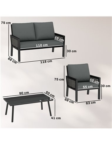 Outsunny 4 Seater Rattan Garden Furniture Set with 2 Armchairs, Loveseat, Coffee Table, Garden Sofa Set with Cushions, Dark Grey