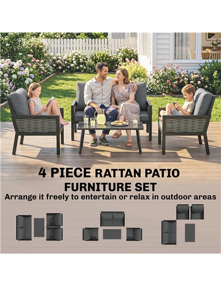 Outsunny 4 Seater Rattan Garden Furniture Set with 2 Armchairs, Loveseat, Coffee Table, Garden Sofa Set with Cushions, Dark Grey - pic 199067 | FastDaddyshop
