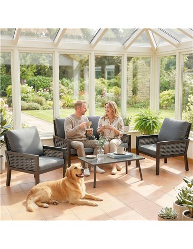 Outsunny 4 Seater Rattan Garden Furniture Set with 2 Armchairs, Loveseat, Coffee Table, Garden Sofa Set with Cushions, Dark Grey